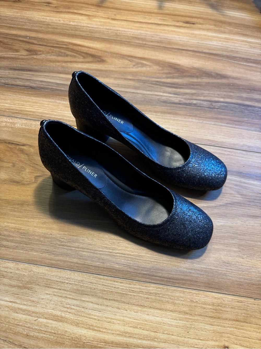 Donald J. Pliner Black Glitter Low Block Heel Pumps